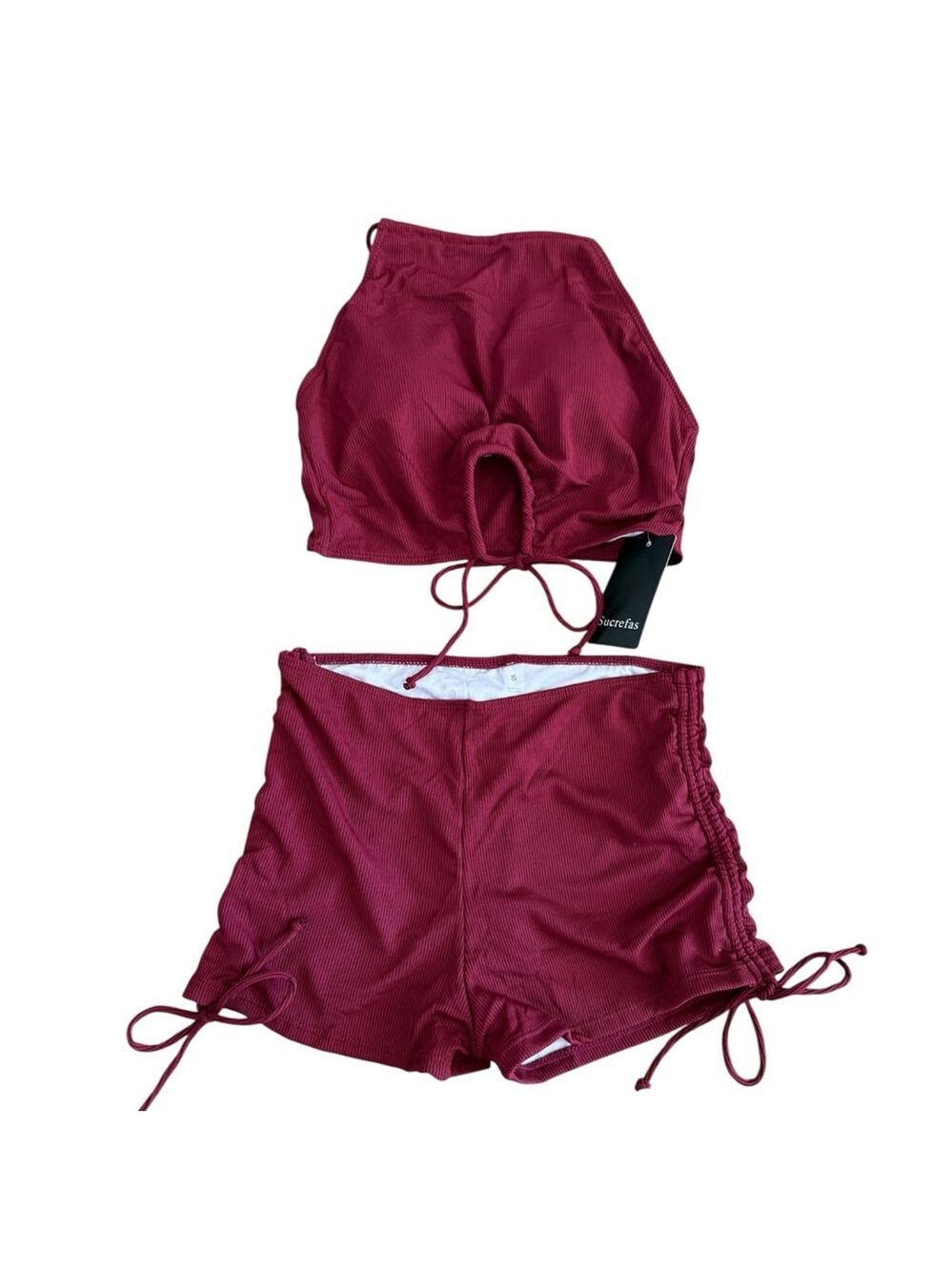 Sucrefas Ribbed Burgundy Cutout Halter Swim Set Shorts NWT Size S - Picture 2 of 5